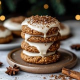 A stack of four iced cookies with sprinkles sits on a gray plate, surrounded by star anise and cinnamon sticks.