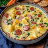 A hearty bowl of creamy soup with sliced sausages, potatoes, and diced vegetables, garnished with fresh parsley.