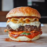 A decadent burger layered with marinara sauce, mozzarella cheese, lasagna noodles, and a juicy beef patty, all sandwiched between a toasted bun.