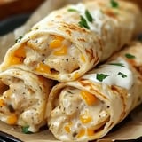 Three rolled tortillas filled with chicken, cheese, and creamy sauce, garnished with parsley.