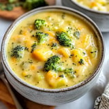 A close-up of a bowl of creamy vegetable soup featuring broccoli and chunks of potatoes.