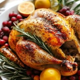 A beautifully roasted turkey garnished with rosemary and surrounded by fresh fruits, including grapes and lemons.