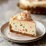 A slice of cheesecake with colorful bits and a decorative swirl of whipped cream on top, served on a white plate.