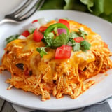 A serving of cheesy shredded chicken topped with diced tomatoes, jalapeños, onions, and cilantro on a white plate.