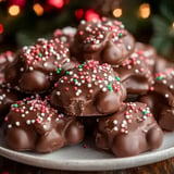 A plate of chocolate-covered treats decorated with red, green, and white sprinkles, arranged in a festive pile.