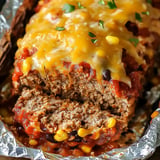 A close-up view of a slice of meatloaf topped with melted cheese, garnished with green herbs, and accompanied by a colorful tomato and corn sauce.