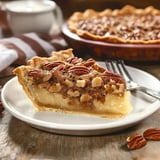 A slice of pecan pie sits on a white plate, showcasing its layered filling with whole pecans on top, alongside a fork and scattered pecans on a wooden table.