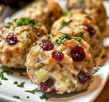 A close-up of delicious, round stuffing balls with herbs and cranberries, arranged on a white plate.