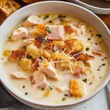 A bowl of creamy soup with shredded chicken, ham, croutons, and garnished with herbs.