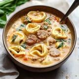 A bowl of creamy tortellini soup with sausage, spinach, and tomatoes, garnished with black pepper.