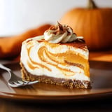 A slice of pumpkin cheesecake with a creamy swirl, topped with whipped cream and surrounded by autumn-themed decor.