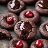 A close-up of chocolate cookies filled with a glossy chocolate center and topped with bright cherries.