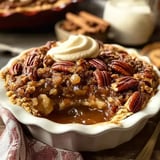 A close-up of a pecan pie topped with whipped cream, revealing a slice removed that shows the gooey filling and nuts.