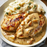 A plate of grilled chicken breasts topped with creamy sauce and served with mashed potatoes.