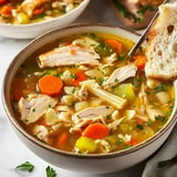 A bowl of chicken soup filled with chunks of chicken, carrots, celery, and pasta, garnished with parsley, next to a slice of bread.