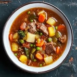 A hearty bowl of beef and vegetable soup featuring chunks of meat, potatoes, carrots, broccoli, peas, and tomatoes in a savory broth.