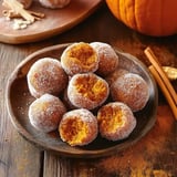 A wooden plate holds several sugar-coated pumpkin doughnut holes, with a few cut open to reveal their orange filling.