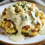 A serving of roasted cauliflower topped with a creamy sauce and garnished with herbs on a white plate.