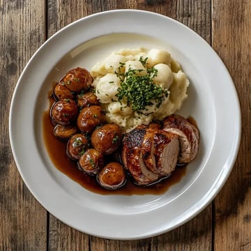 A plate of sliced roast meat served with creamy mashed potatoes and glazed baby potatoes, garnished with chopped herbs.