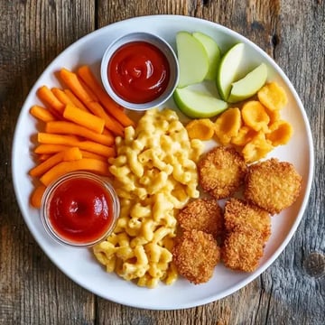 A white plate is filled with macaroni and cheese, chicken nuggets, carrot sticks, apple slices, and dipping sauces.