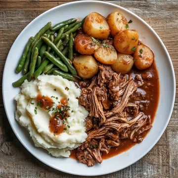 A plate of shredded beef in gravy, served with mashed potatoes, green beans, and roasted potatoes.