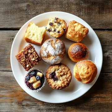 A variety of baked goods including muffins, cake, and pastries arranged on a white plate atop a wooden surface.