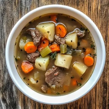 A bowl of hearty beef stew with potatoes, carrots, and celery in a savory broth.