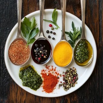 A white plate displays various spices and sauces in metal spoons, including ground herbs, a dark sauce with peppercorns, turmeric powder, pesto, and olive oil, accompanied by fresh herb leaves.