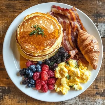 A large plate filled with fluffy pancakes topped with syrup, crispy bacon, a buttery croissant, scrambled eggs, and a variety of fresh berries.