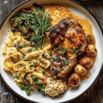 A plated meal featuring grilled pork chop, creamy pasta with peas, sautéed vegetables, and roasted potatoes garnished with herbs.