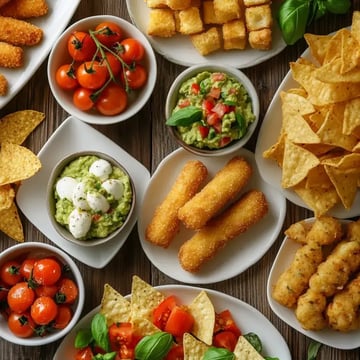 A variety of appetizers, including guacamole, mozzarella balls, fried cheese sticks, cherry tomatoes, and tortilla chips, arranged on white dishes atop a wooden surface.