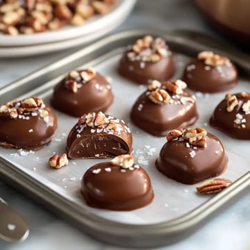 A tray of chocolate candies topped with pecans and sprinkled with sea salt, with one chocolate showing its creamy filling.