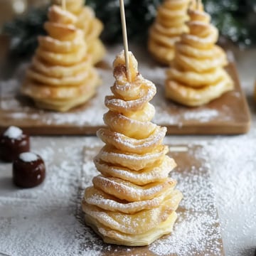 A decorative pastry resembling a Christmas tree, dusted with powdered sugar, is prominently displayed with smaller similar pastries in the background.