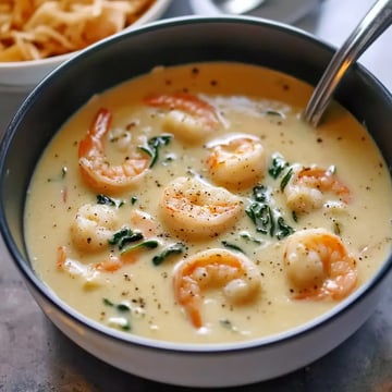 A bowl of creamy shrimp soup with spinach, garnished with black pepper.