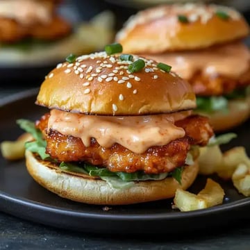 A close-up of a crispy chicken sandwich topped with spicy sauce and green onions, served on a sesame seed bun with lettuce.