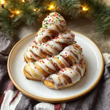 A decorative stack of cinnamon rolls, drizzled with icing and topped with red and green sprinkles, sits on a white plate against a festive backdrop.