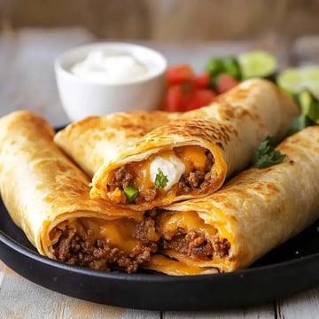 A plate of crispy rolled tortillas filled with seasoned beef and melted cheese, served with a side of sour cream and fresh vegetables.