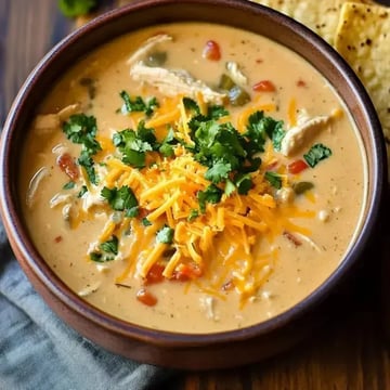 A bowl of creamy soup topped with shredded cheese and fresh cilantro, accompanied by tortilla chips.