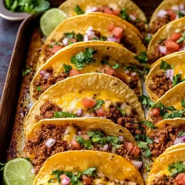 A close-up view of a platter filled with stacked tacos, each filled with seasoned ground meat, cheese, chopped tomatoes, onions, and garnished with cilantro, alongside lime wedges.