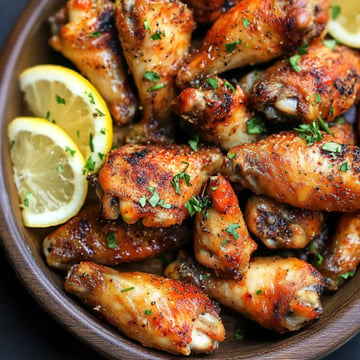 A bowl of crispy, seasoned chicken wings garnished with fresh parsley and served with lemon wedges.