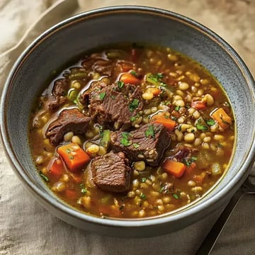 A bowl of hearty beef and vegetable soup with garnished herbs.