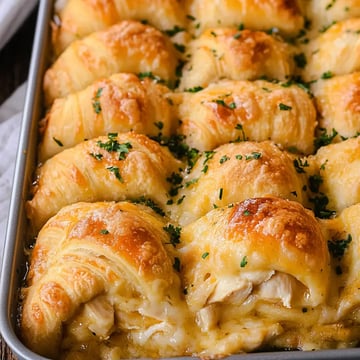 A close-up of golden, flaky crescent rolls baked with melted cheese and topped with parsley, arranged in a baking dish.