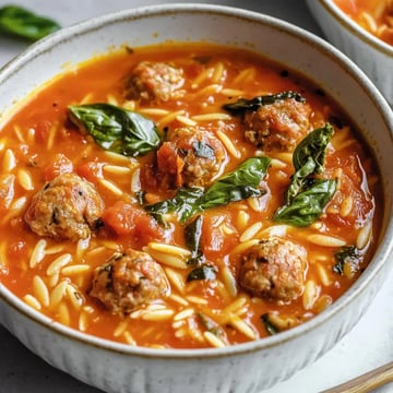 A bowl of soup featuring meatballs, orzo pasta, fresh basil, and tomato broth.