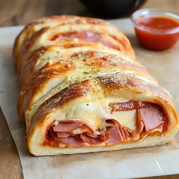 A golden-brown bread loaf filled with slices of ham, cheese, and marinara sauce, served with a small cup of dipping sauce on the side.