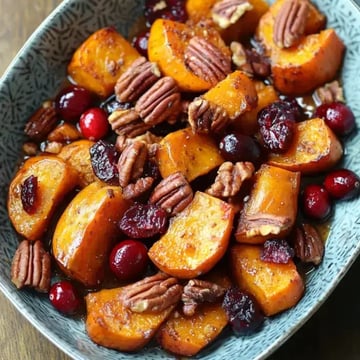 A bowl of roasted butternut squash mixed with pecans and cranberries, drizzled with a sweet glaze.