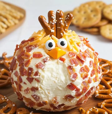 A cheese ball shaped like a cartoonish bird, decorated with bacon bits, cheese, and pretzel stick feathers, surrounded by pretzels.