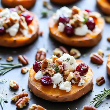 Sliced roasted sweet potatoes topped with goat cheese, cranberries, and chopped pecans, garnished with herbs, arranged on a dark surface.