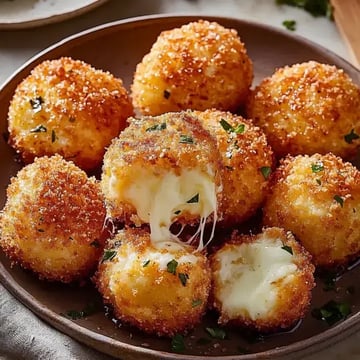 A plate of golden, crispy cheese balls, some oozing melted cheese, garnished with fresh herbs.