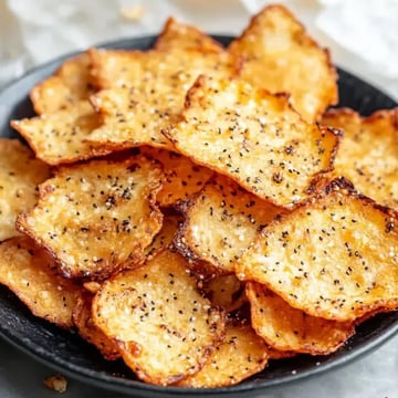 A close-up of a black plate filled with crispy, golden-brown potato chips sprinkled with seasoning.