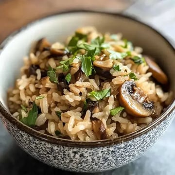 A bowl of seasoned rice mixed with sliced mushrooms and garnished with fresh parsley.